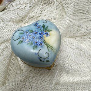 Hand-Painted Heart-Shaped Trinket Box With Blue Flowers & Gold Accents